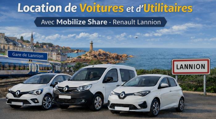 Location de voitures et d’utilitaires à Lannion avec Mobilize Share, véhicules Renault près de la gare de Lannion et de la côte de granit rose